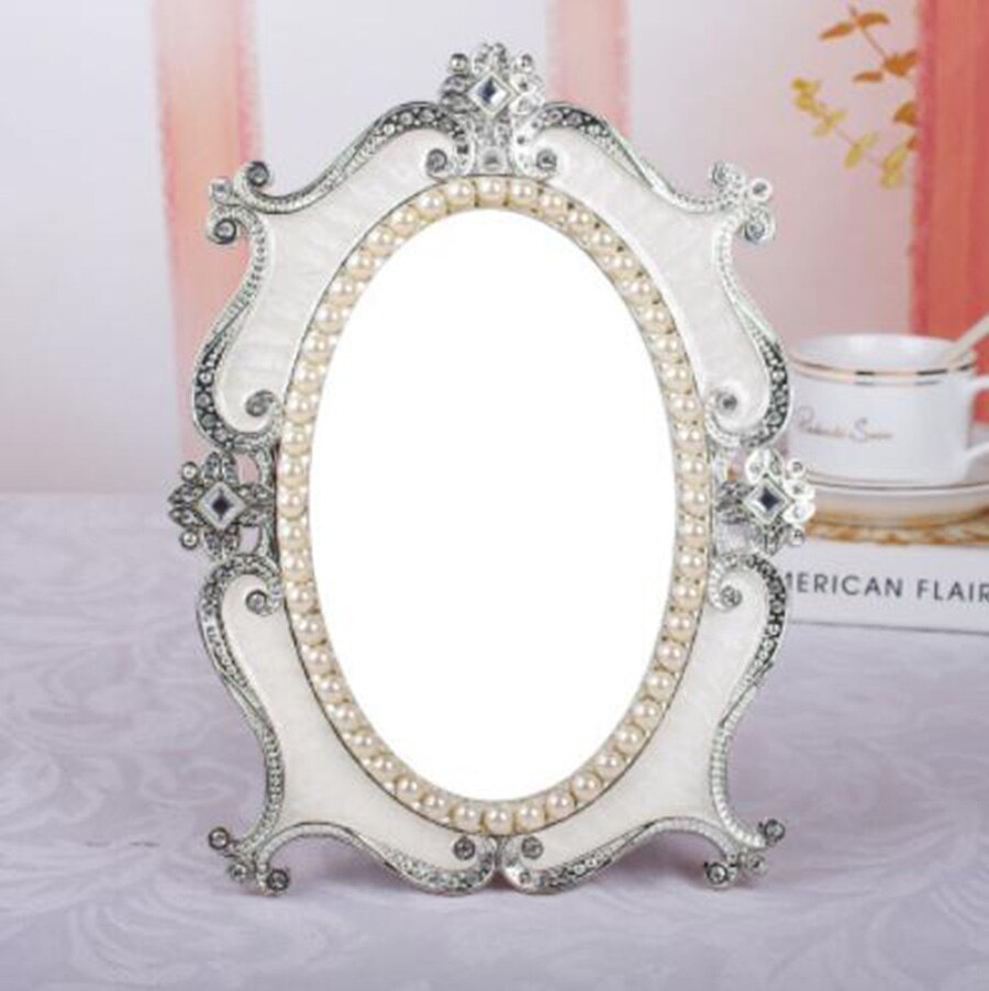 Europeisk vintage speil, sminkespeilets prinsesse, bordbord mesa speil soverom toalett glass stort: 10 inches hvit