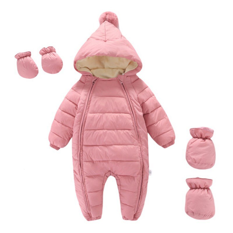 Inverno bebê meninas meninos snowsuit infantil quente zíper de uma peça com capuz pompom footies + luvas + sapatos 0-24m: P / 100-XL(18-24M)