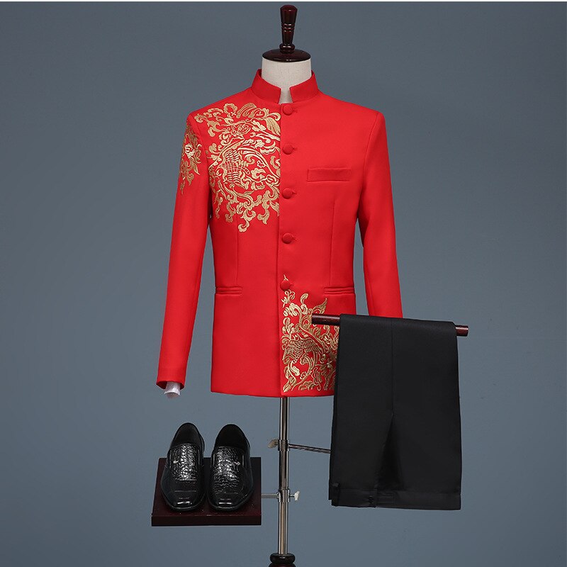 Chinese Style Wedding Suit Jacket Men Embroidery Patterns chinese Tang suit Mandarin Collar Suit Chinese Tunic Suit Top+Pants: Red / XXL