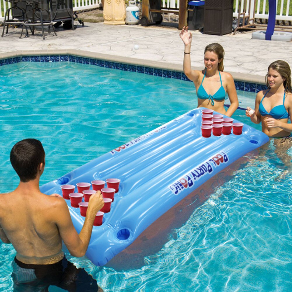 Pvc blå lounge 24 kopholder sjov sommer float vandsport øl pong bord pool luftmadras oppustelig isspand køler