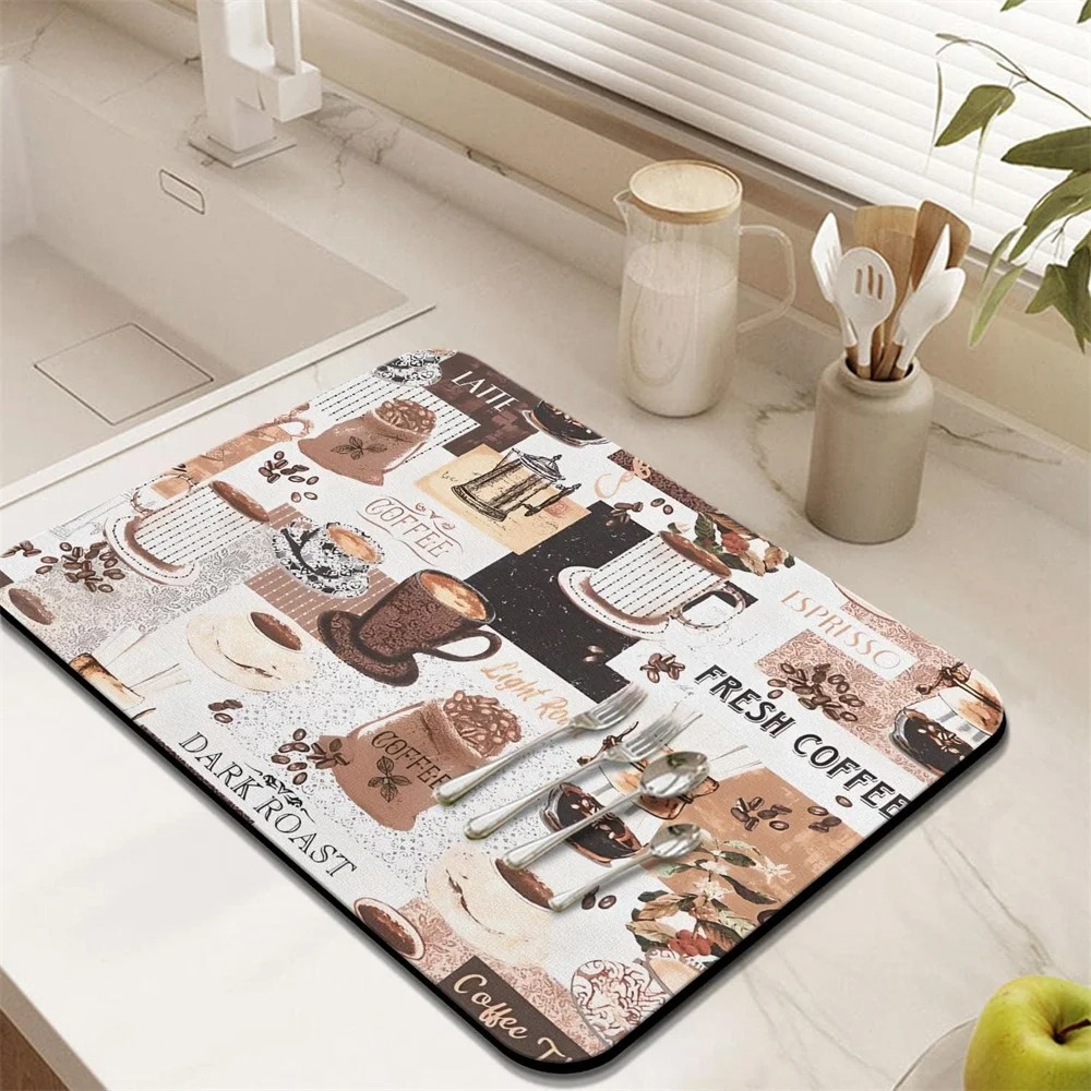 Kaffemenu mønster opvaskemåtte skridsikker superabsorberende spisebord køkkentæppe bordservice skrivebord afløbsmåtte dørmåtter: 45 x 70cm / Burgunder