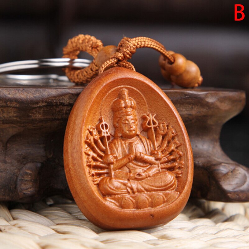 For Car Bag keyring Lucky Jewelry Peach Wood Carving buckle Buddha Pendant Keychain