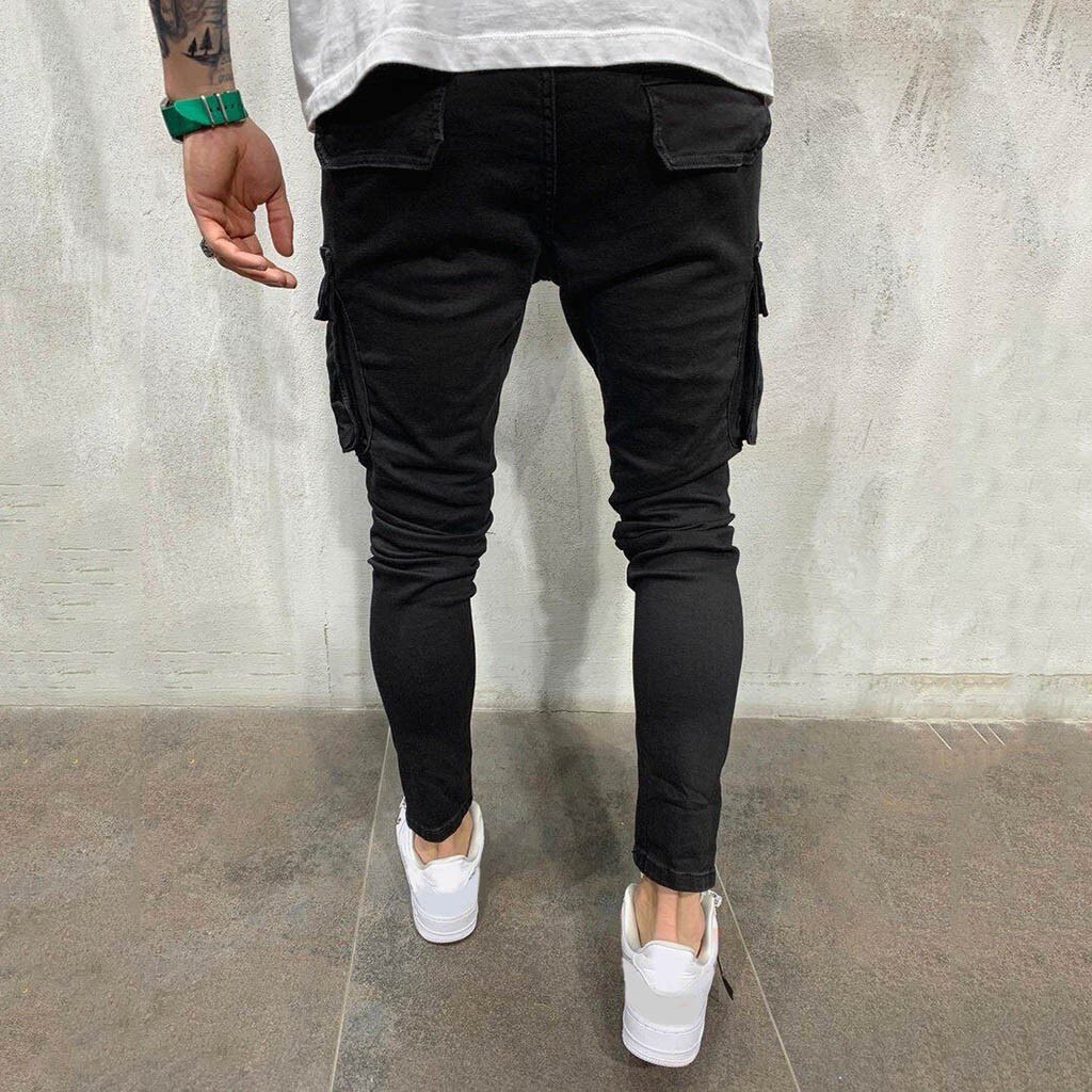 Men Jeans Black Cool Skinny Knee Hole Ripped Stretch Slim Elastic Denim Pants Casual Trousers Street Clothing#g36