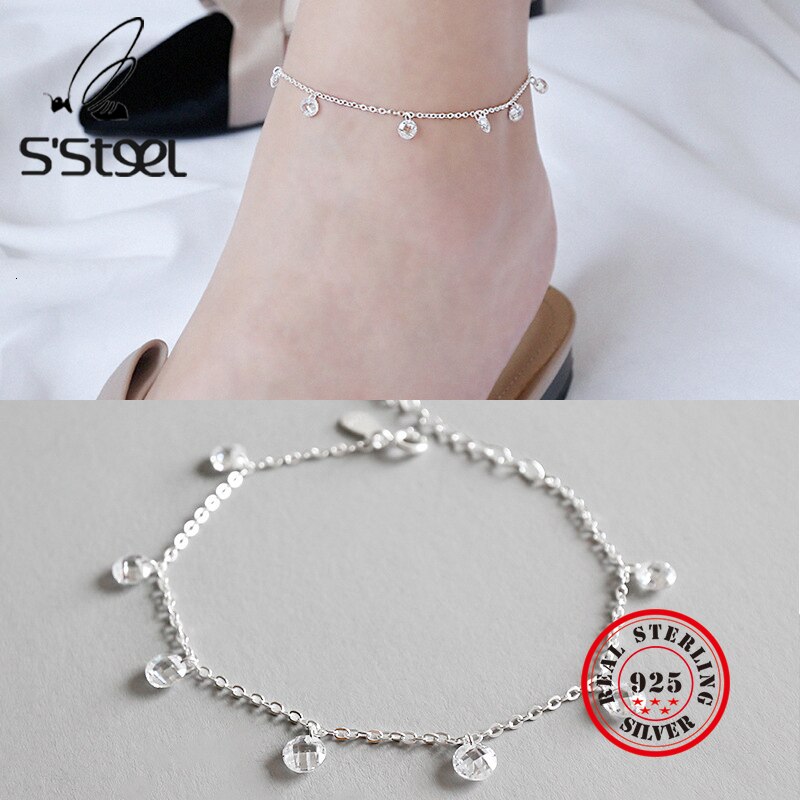 S'STEEL 925 Sterling Silver Anklets Ankle Bracelets For Women Minimalist Cross Chain Round Zircon Collares Mujer Fine Jewelry