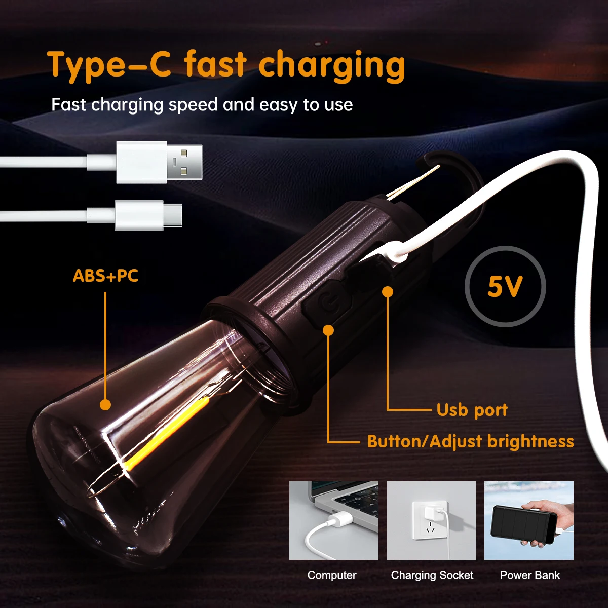 Outdoor Usb Oplaadbare Led Lamp Lampen Met Haak Helder Noodlicht Haak Haak Camping Vissen Draagbare Lantaarn Nachtverlichting