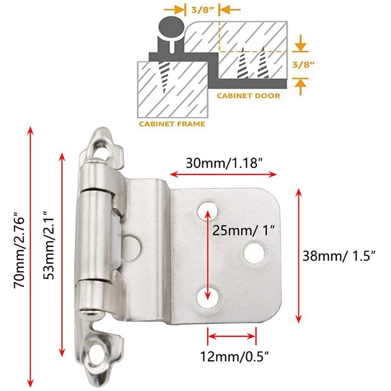20PCS Mount Self Closing 3/8 inch Inset Cabinet Hinges Nickel Plated Finish Multi-Fold Overlay Cabinet Door Flush Hinges