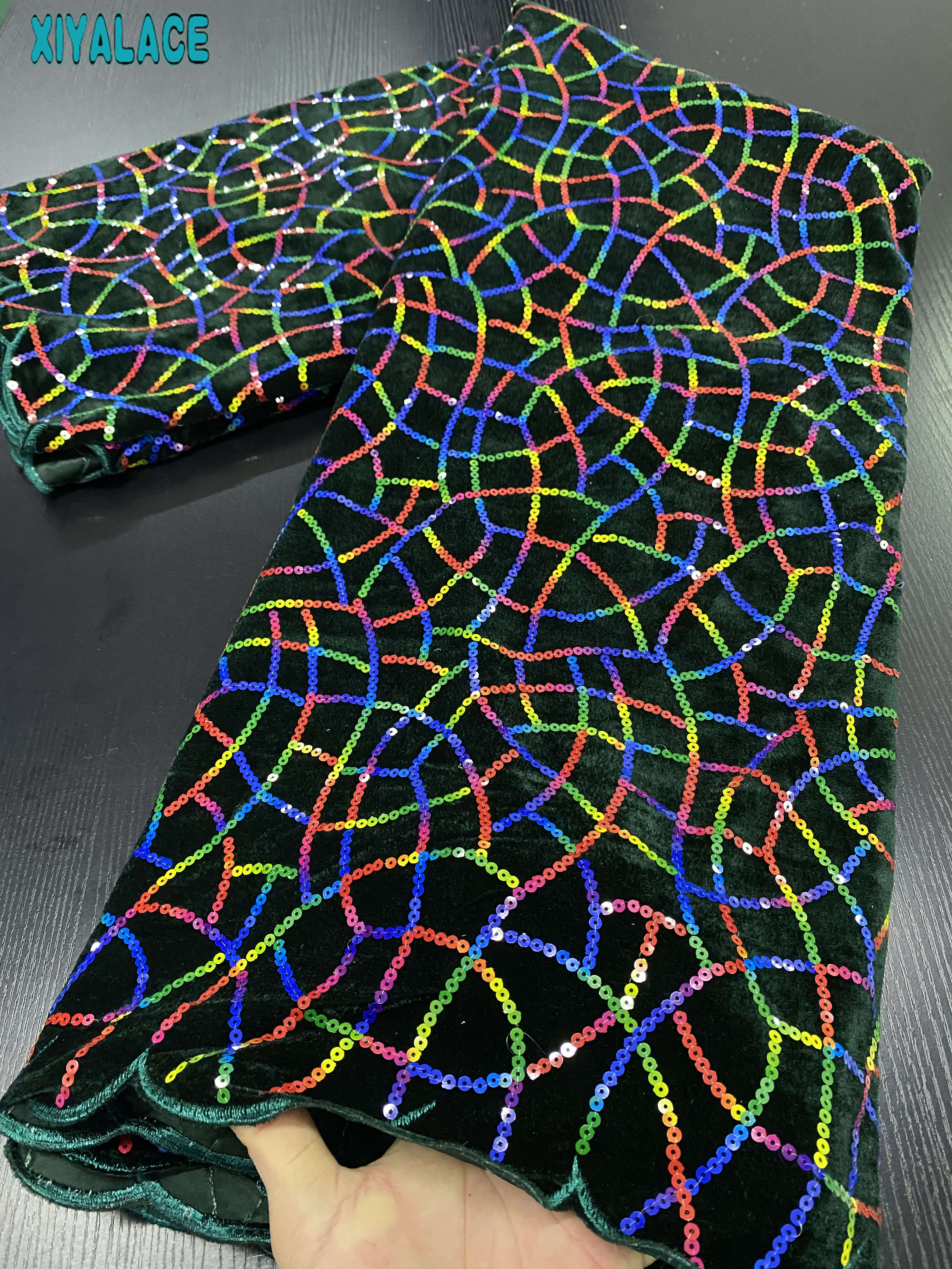 Afrikaanse Fluwelen Kant Stof Pailletten Kant Materiaal Franse Kant Stof Nigeriaanse Kant Stoffen Naaien YA3418-4