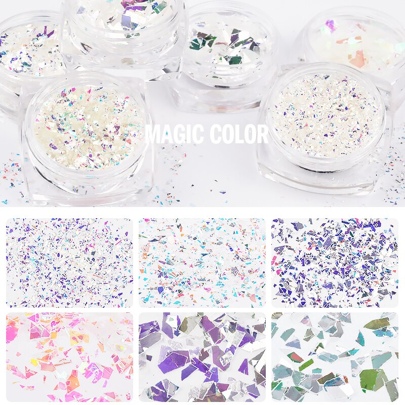 6 Potten/Set Gebroken Glas Papier Pailletten Nail Art Decoratie Vlokken Glitters 3d Nagels Tips Manicure Uv Gel polish Supply