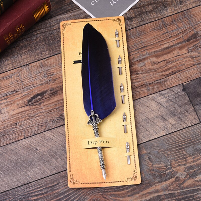 Multicolor Retro Quill Dip Pen Quill Oblique + 5 Nibst Writing Tools Office School Supply: Blue