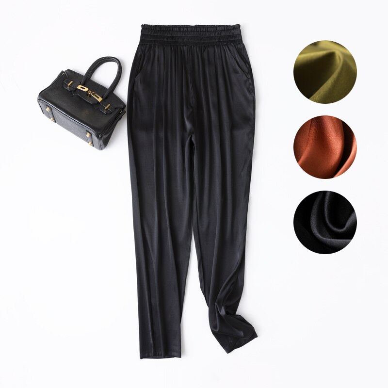 Vrouwen 93% Zijde 7% Spandex Satijn Zijde Lange Broek Broek Harembroek Mode Elastische Taille Vele Kleuren L1013
