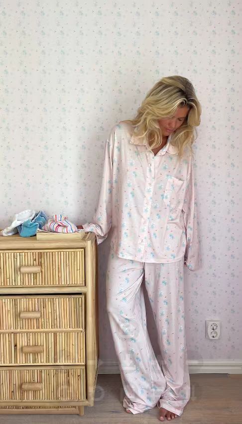 Dame afslappet gul pyjamassæt langærmet knaplukning skjortelomme blomsterprint frugtprint løse vide ben bukser pyjamas s-xxl: L / Abrikos