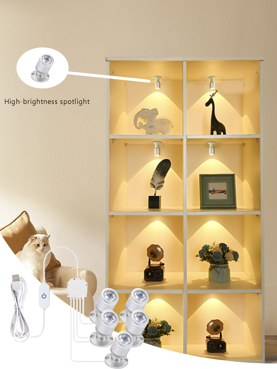 Usb-driven mini-led-spotlight - energibesparande, aluminium, lämplig för belysning under konstverk, växter, smyckesdisplayer och skåp