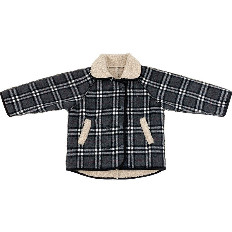 Winter boys plus velvet thicken plaid jackets Korean fleece lapel collar double breasted warm coat for toddler kids