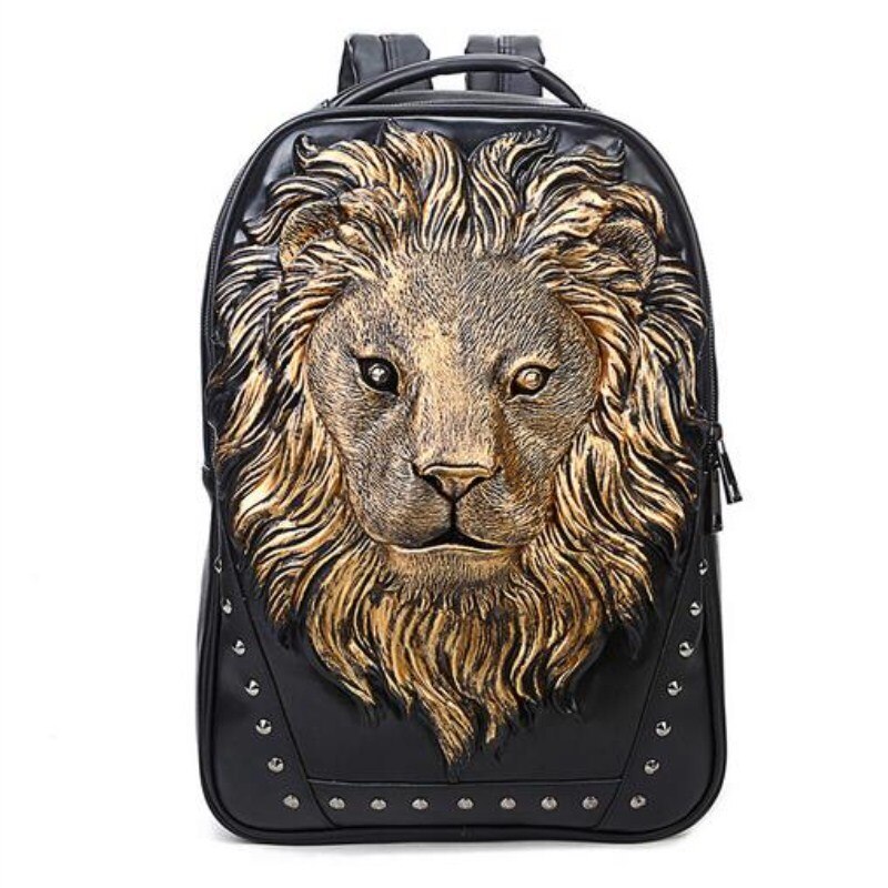 3D Pu punk backpack male animal lion head backpack cool travel computer bag Head PU Good: Gold