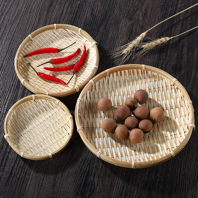 Cesta tejida de bambú, bandeja plana de mimbre redonda, cesta de frutas tejida, almacenamiento de alimentos, bandeja poco profunda, bandeja decorativa para servir para el hogar y la cocina