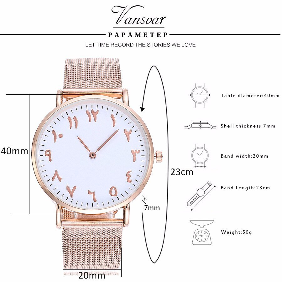 Vansvar de plata y malla de oro rosa números arábigos reloj de de las mujeres ocasionales de acero inoxidable pulsera de cuarzo reloj femenino