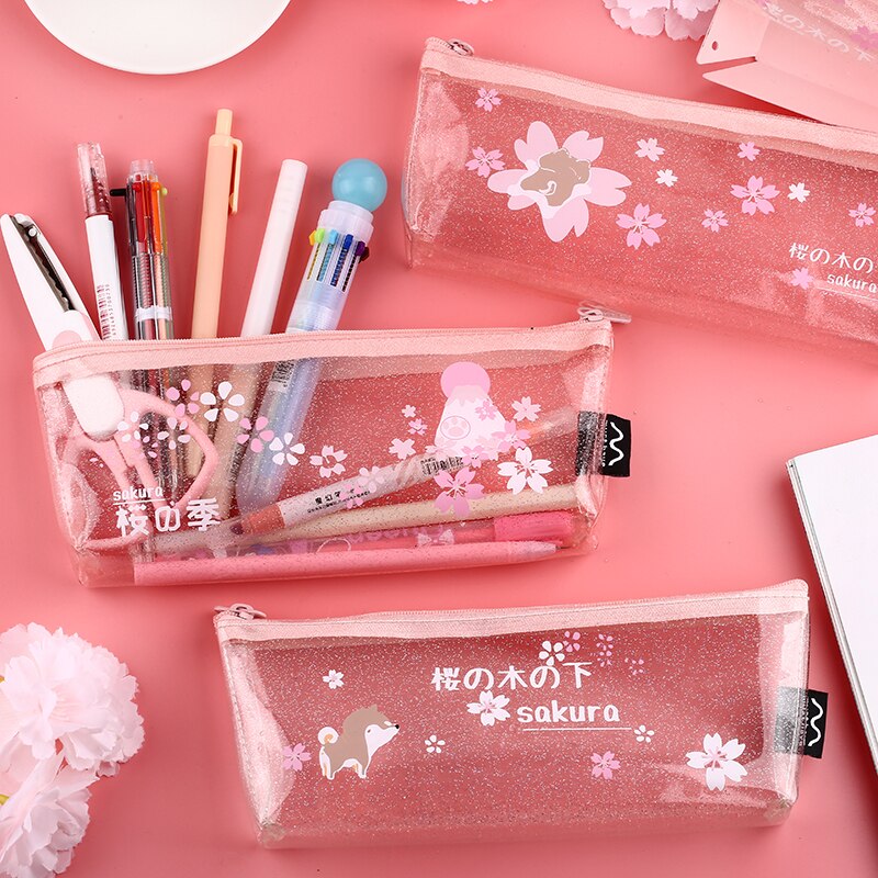 Mr.Paper 4 Designs Pink Cherry Blossom Shiba Inu Transparent Pencil Bags School Case Student Large Size Pencil Bags