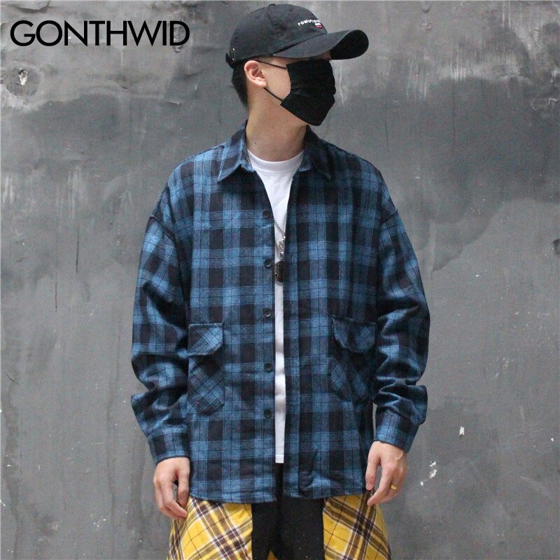GONTHWID-camisas a cuadros de manga larga con bolsillos delanteros para hombre, ropa informal de Hip Hop, ropa de calle, camisas, abrigos, camisetas Harajuku