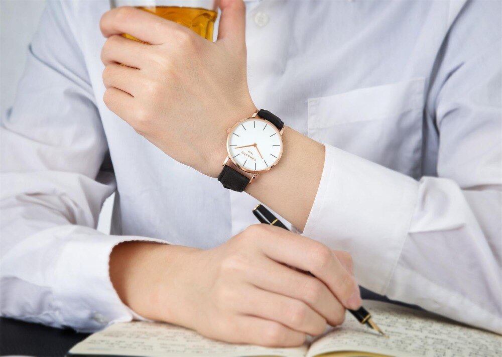 Chronos 1898 Mannen Vrouwen Simple Quartz Horloge Case Unisex Paar Lederen Horloges Grote Analoge Gezicht Bruin Zwart Montre Femme