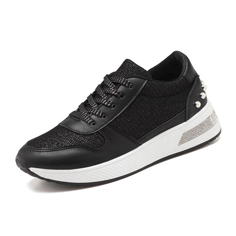 Fujin Vrouwen Sneakers Platform Lace Up Bling Bling Strass Klinknagel Mode Lente Herfst Vrouwelijke Casual Schoenen Tenis Feminino: Black / 6.5