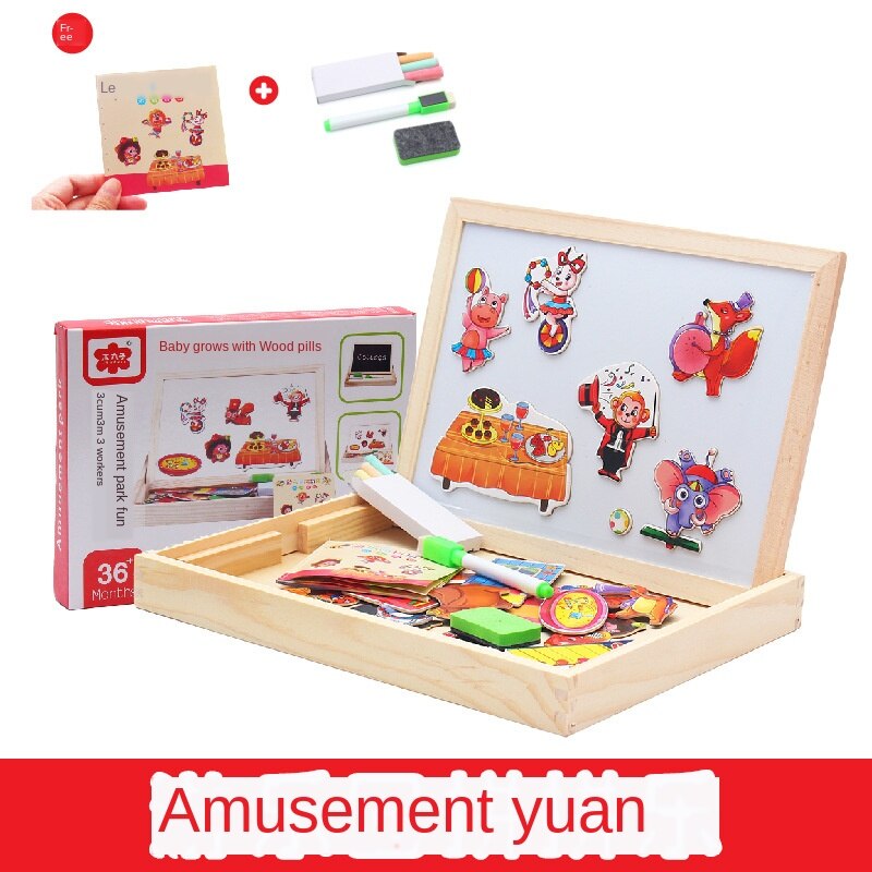 Kids Educational Learning Toy Wooden Magnetic Puzzle Toys for Children Jigsaw Animals/Circus Drawing Board with Box: O