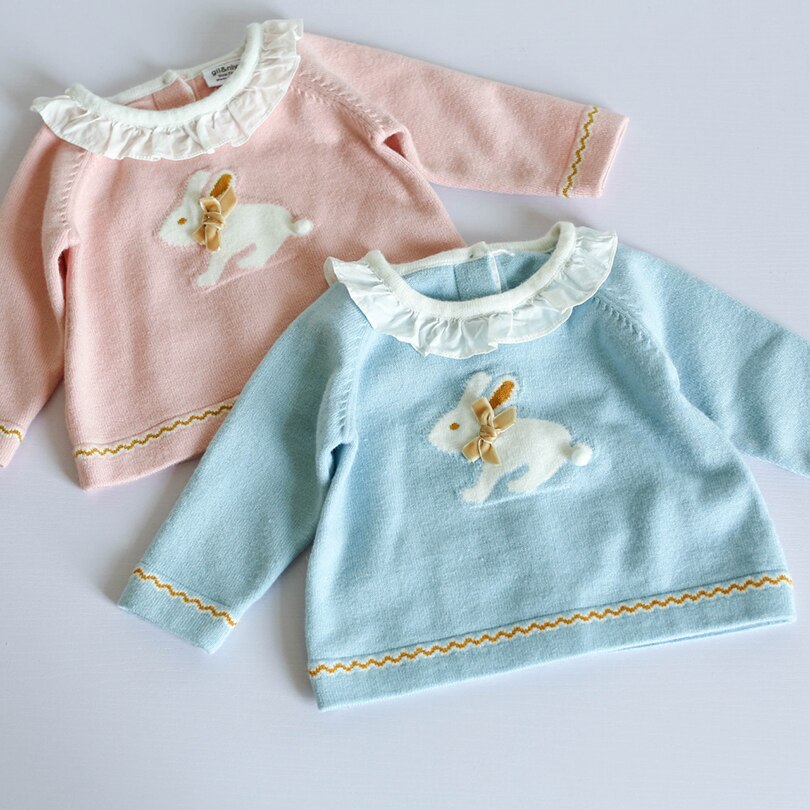 Little Girls T-shirt Adorable Bunny 3d Pattern Printed Ruffles Collar Tops&tee Baby Girls Autumn Knitted Shirts Kid Sweater