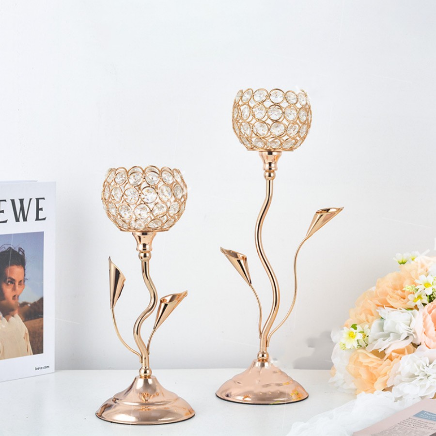 Portavelas de cristal dorado, candelabro en forma de flor de hierro, juego de candelabros Vintage pequeño para centro de mesa, boda, cumpleaños
