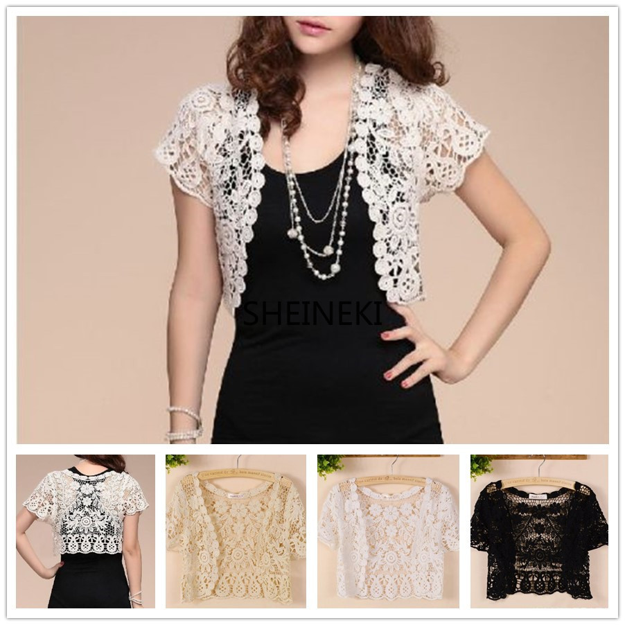 Blanco negro albaricoque mujeres de manga corta Bolero de encaje, Boda nupcial, chaqueta de verano capa chal capa