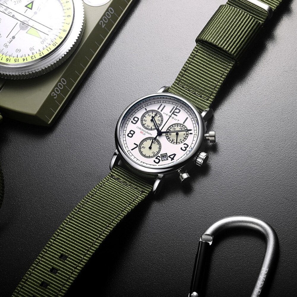 Hemsut, reloj deportivo de para hombre, relojes de pulsera luminosos de cuarzo con cronógrafo, correa de lona verde, reloj masculino