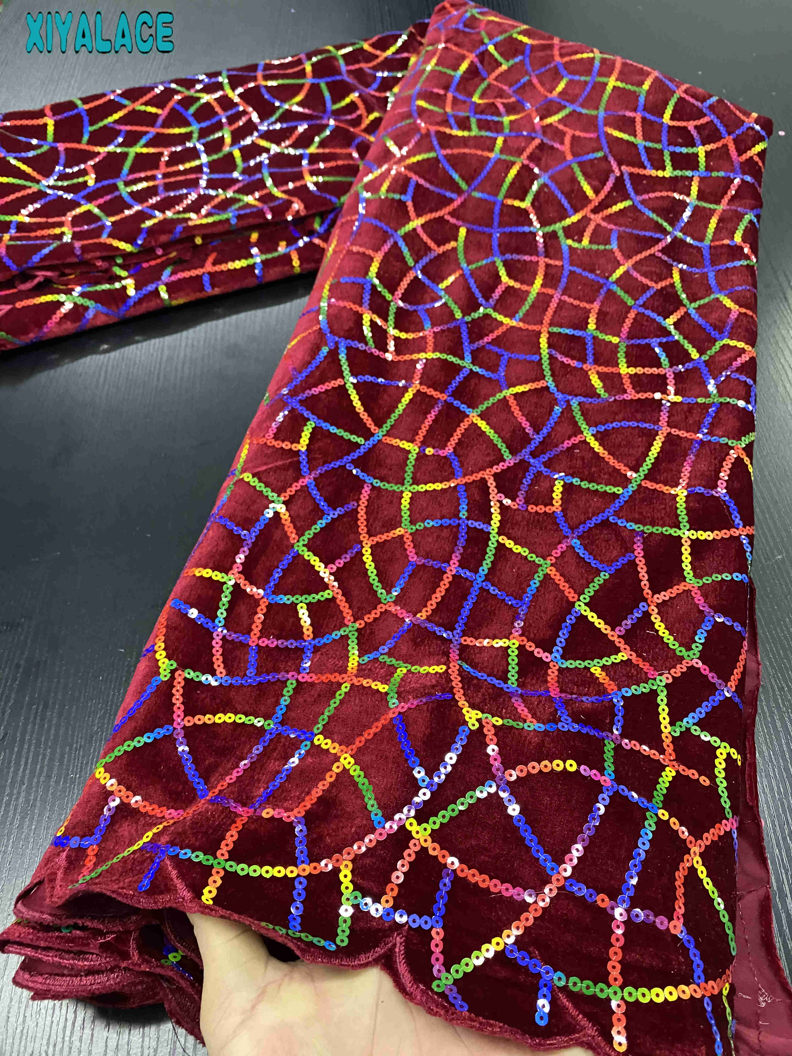 Afrikaanse Fluwelen Kant Stof Pailletten Kant Materiaal Franse Kant Stof Nigeriaanse Kant Stoffen Naaien YA3418-4: Picture 3