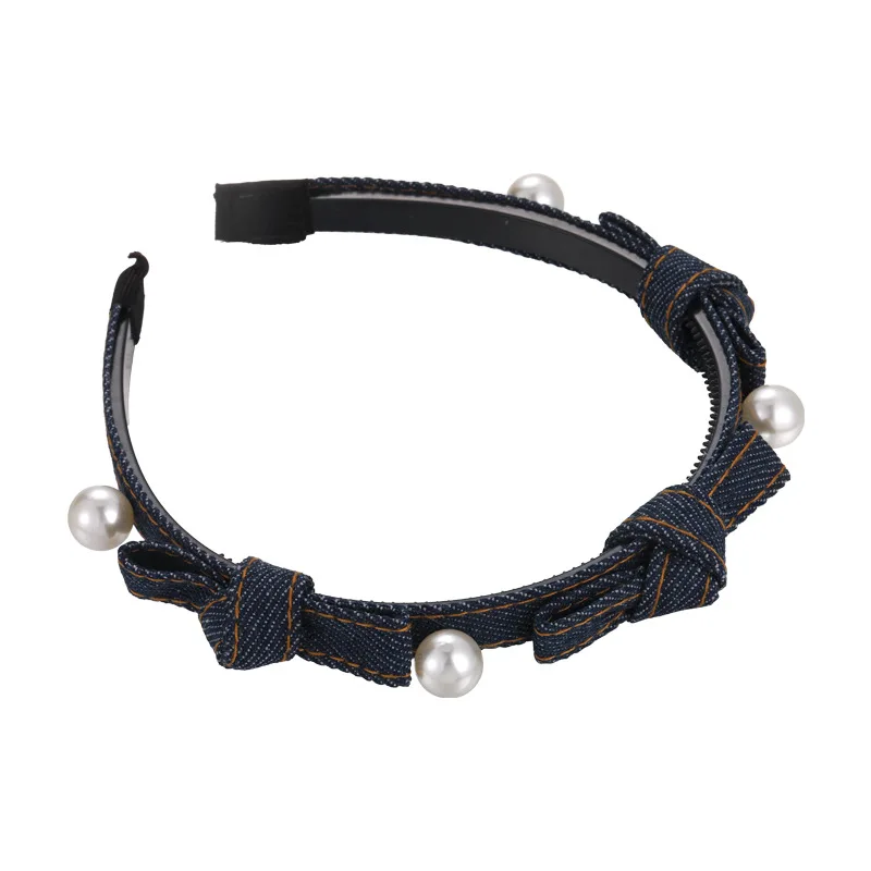 Diadema de perlas con lazo de Color azul vaquero Retro para niña, bandas para el cabello dulces para mujer, aro para el cabello con temperamento, accesorios para el cabello de femenina