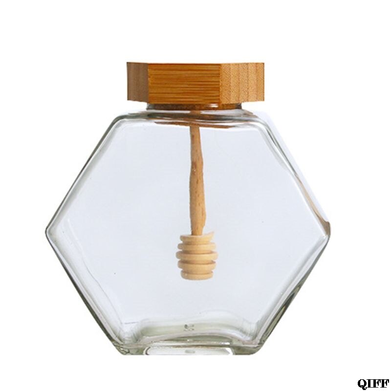 Pot de miel en forme d'hexagone, Pot de miel en verre, avec Dipper en bois et couvercle en liège, pour la cuisine à la maison, transparent: 380ML