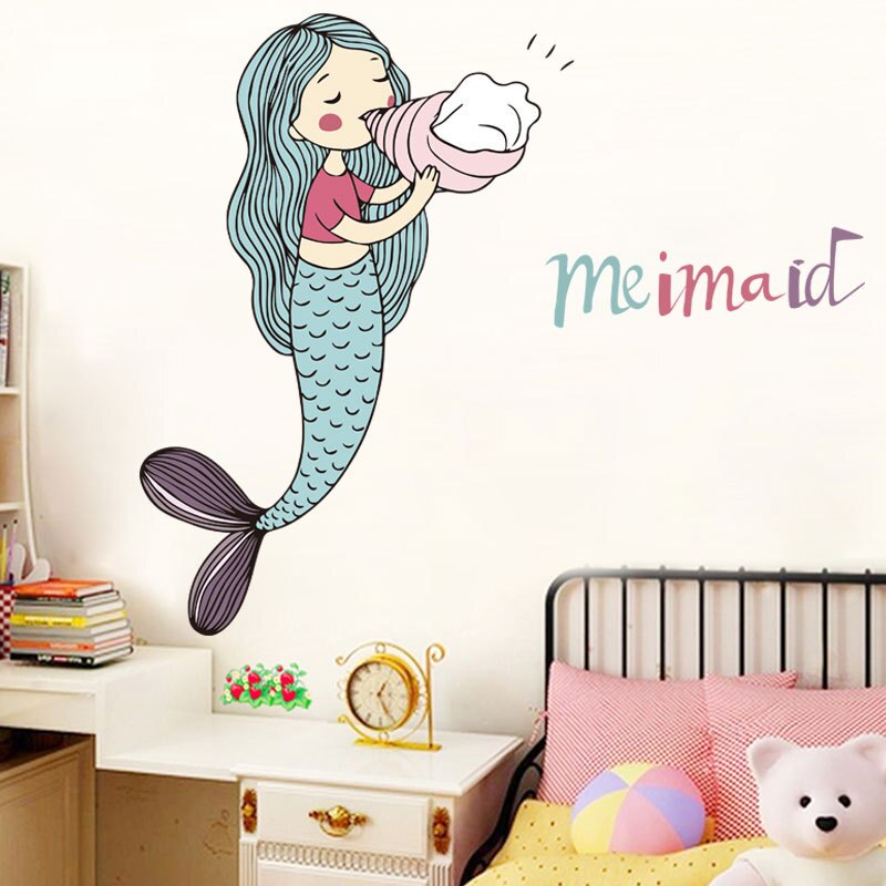 Cartoon mermaid blowing conch Wall Sticker for baby girl's room bedroom decorations wallpaper Mural nursery mermaid stickers