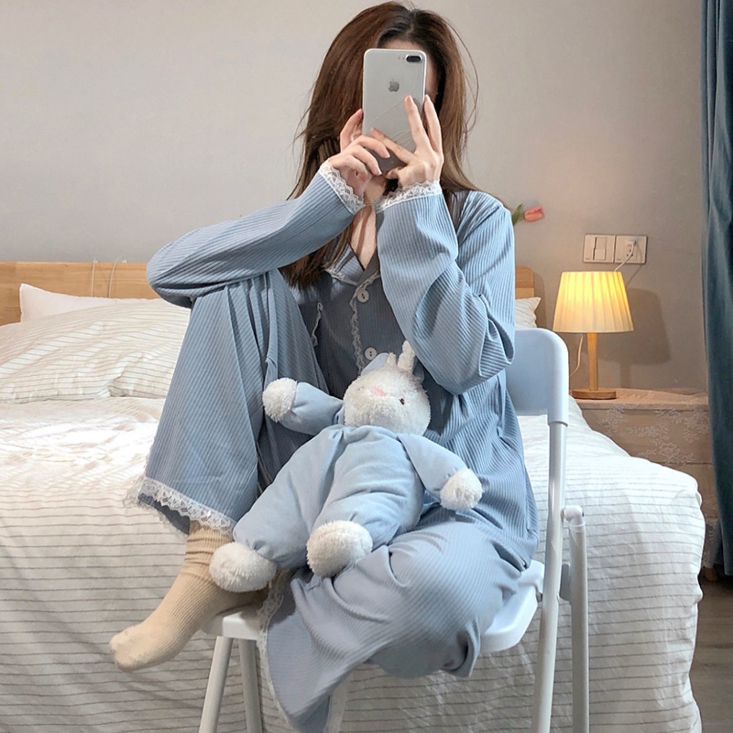 Conjunto de pijama de estilo japonés para mujer, ropa de dormir Popular, de lazo, Chic, Ulzzang, cuello vuelto, suelto y cómodo, otoño