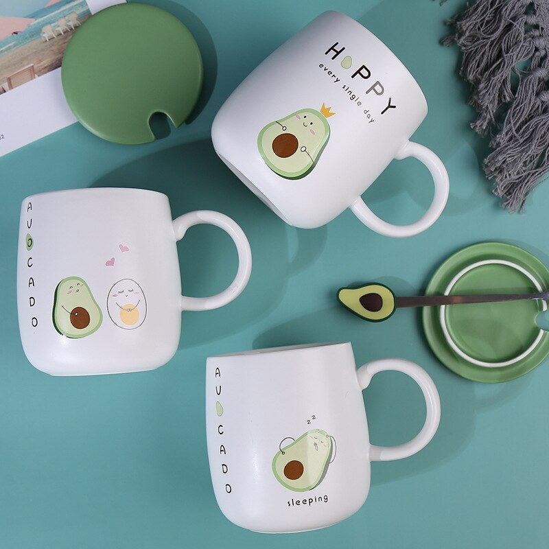 Tazas de cerámica con tapa de 400ml, taza de aguacate de Color resistente al calor, taza de leche de cerámica para el hogar, para beber en la oficina