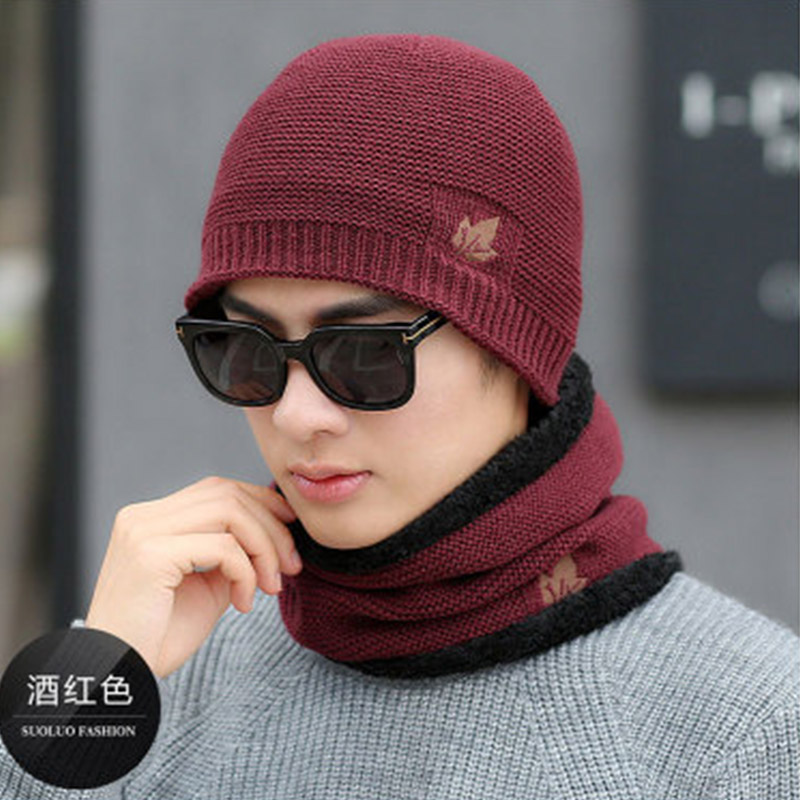 Heren winter muts en sjaal set tweedelig dames dikker winter warme set dames mutsen ring sjaals heren unisex skullies muts: Wijn / Hoed en sjaal