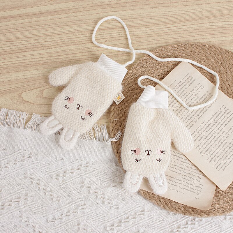 Girl Gloves Korean-Style Cartoon Bear Rabbit Children's Knitted Winter Warm Baby Halter Knitting Wool Gloves 2-6T: AH2754 white