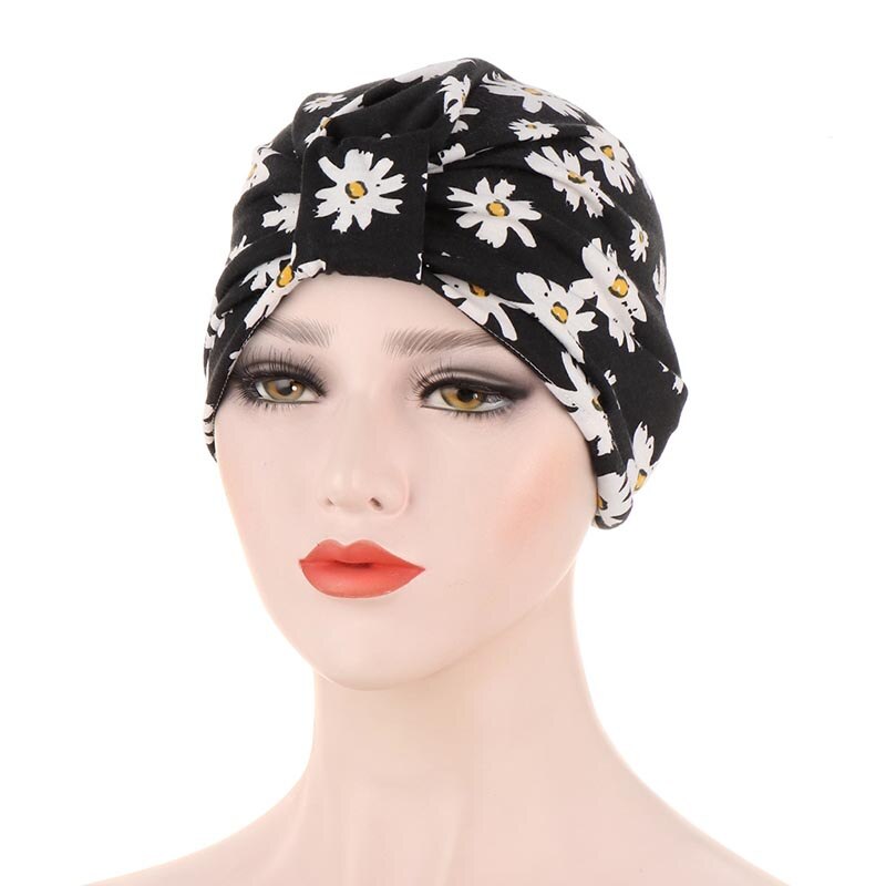Muslimske hodeplagg caps trendy skrive ut dame uformelt turban panser floral myk bomull tøye ut india pakke inn hode skjerf indre hijabs: Svart