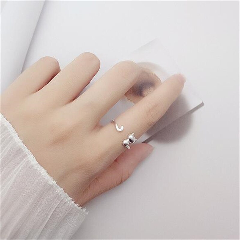 925 Sterling Silver Jewelry Popular Korean Small Fresh Cute Cat Opening Simple Rings SR4