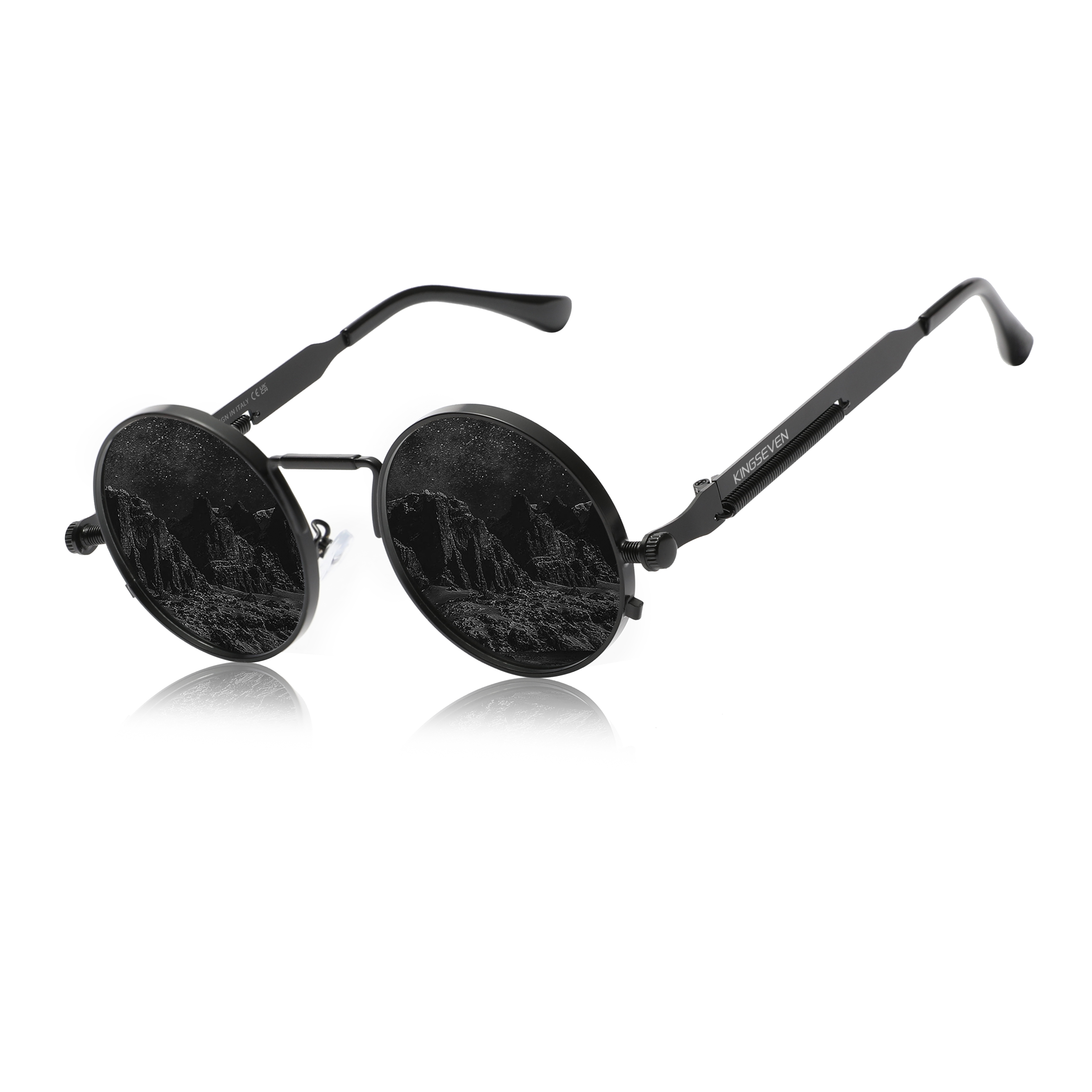 KINGSEVEN 2025 Trend Runde Sonnenbrille Polarisierte Männer Sonnenbrille UV400 gotisch Steampunk Stil Männlich Anti-Blendung Spiegel Objektiv: Schwarz