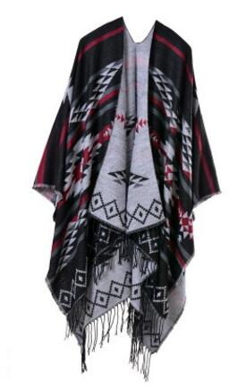 Écharpe ethnique Poncho femme | Bohème, imprimé, sculptures de couverture dame en tricot, châle gland Cape épaisse Pashmina, automne hiver: Black