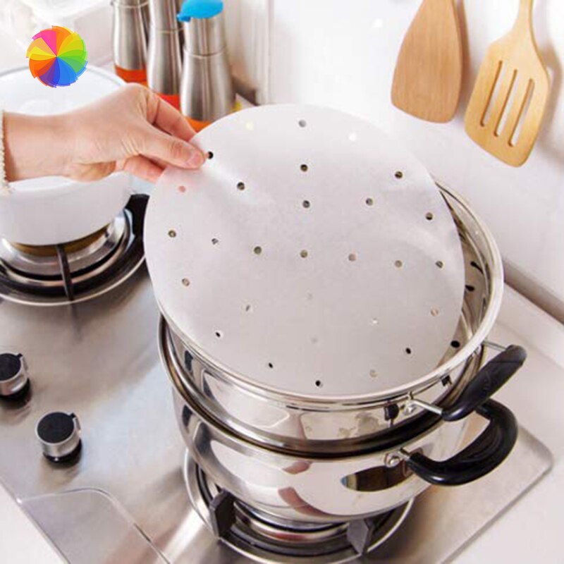 100Pcs 22Cm Bamboe Steamer Papier Lucht Friteuse Liner Perkament Bamboe Steamer Papier Mat Geperforeerde Lucht Friteuse Cake Maken tool Xbff