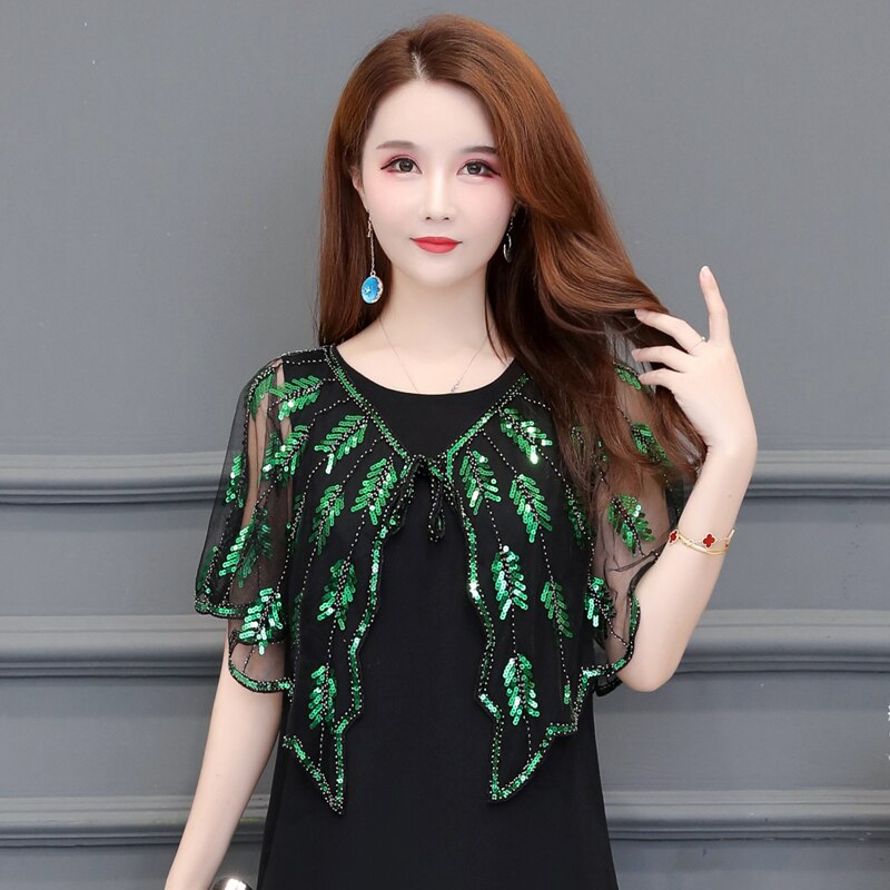 Vintage sequin sommer håndlavet hæklet blonder mesh skuldertræk bolero broderi cardigan feminino kort kappe overdimensionerede toppe kvinder kappe: Sort grøn