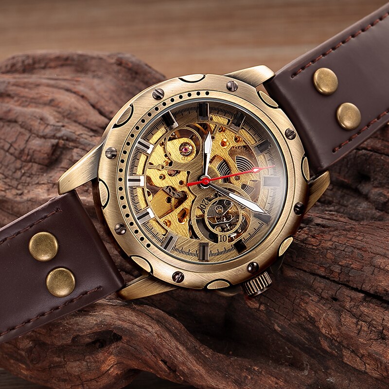 Horloge Mannen Mechanische Automatische Horloge Steampunk Skeleton Self Kronkelende Heren Horloge Retro Lederen Horloge Mannelijke Klok Montre Homme