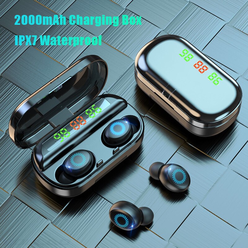 HKFZ Wireless Earphone Bluetooth V5.0 Sports Wireless Headphone LED Display Touch Control Stereo Earbuds with Microphone Headset