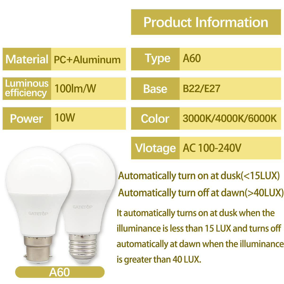 1 Stück LED-Lampe, Lichtsensor-Kontrollbirne, AC 220 V, 110 V, 10 W, E27, B22, Dämmerung bis Morgendämmerung, Glühbirne für Höhle Eingang der unterirdischen Garage