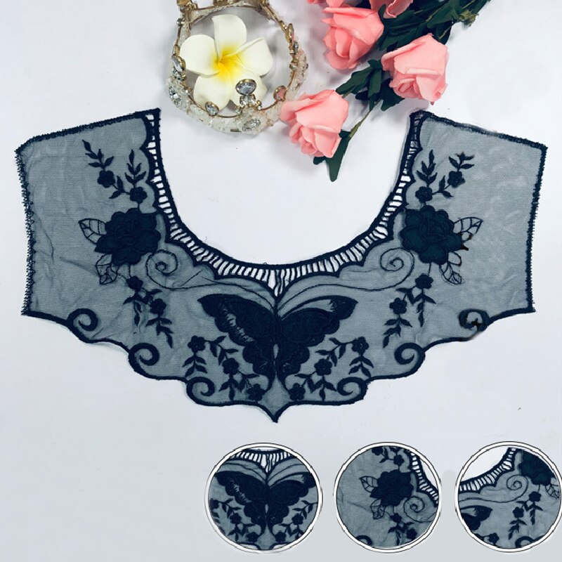 Apliques para vestido DIY, blusa de tela de encaje, accesorios para decoración de disfraces, cuello de cuello, adornos de costura, parches bordados en blanco y negro