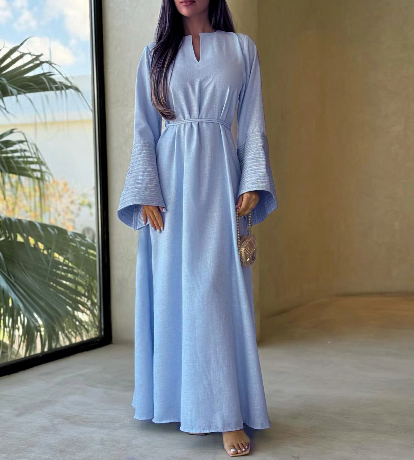Stickerei Abayas für Frauen 2023 Neue Muslimischen Kleid Dubai Türkei Kaftan Eid Ramadan Djellaba Kaftan Marocain Frauen Kleid: M / Blau