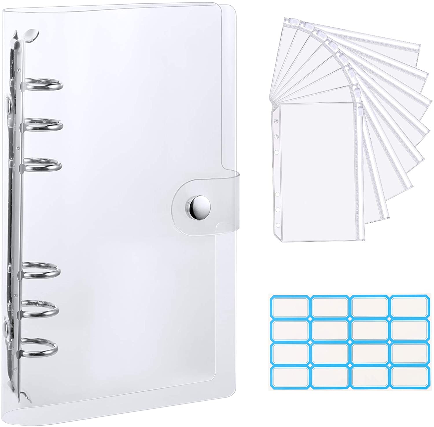 Aasjbofa A6 A7 Size Clear PVC Binder Pockets 6-Ring Loose-Leaf Planner Notebook Refills Storage Bag with Clear Soft Binder Cover