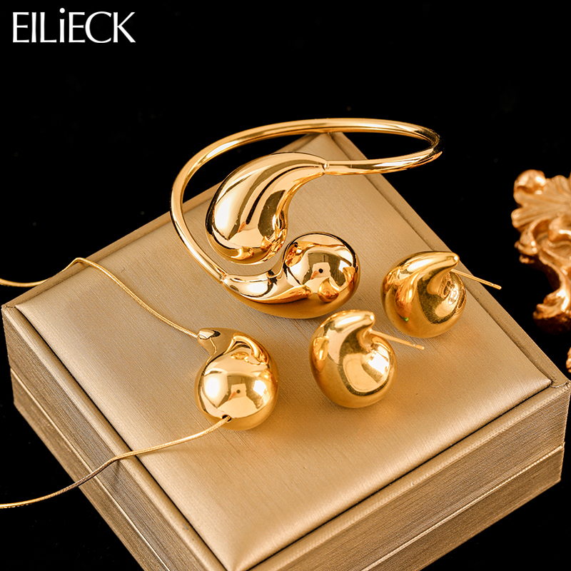 EILIECK 316L Acero inoxidable brillante gotas de agua collar pulsera pendientes conjunto para mujeres conjunto de joyería impermeable de